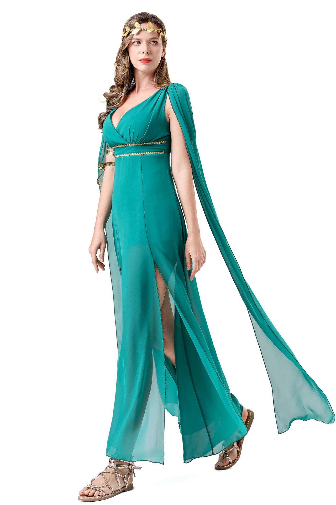 Halloween Cosplay Greek Goddess Dress - Green Chiffon Slit Maxi Gown